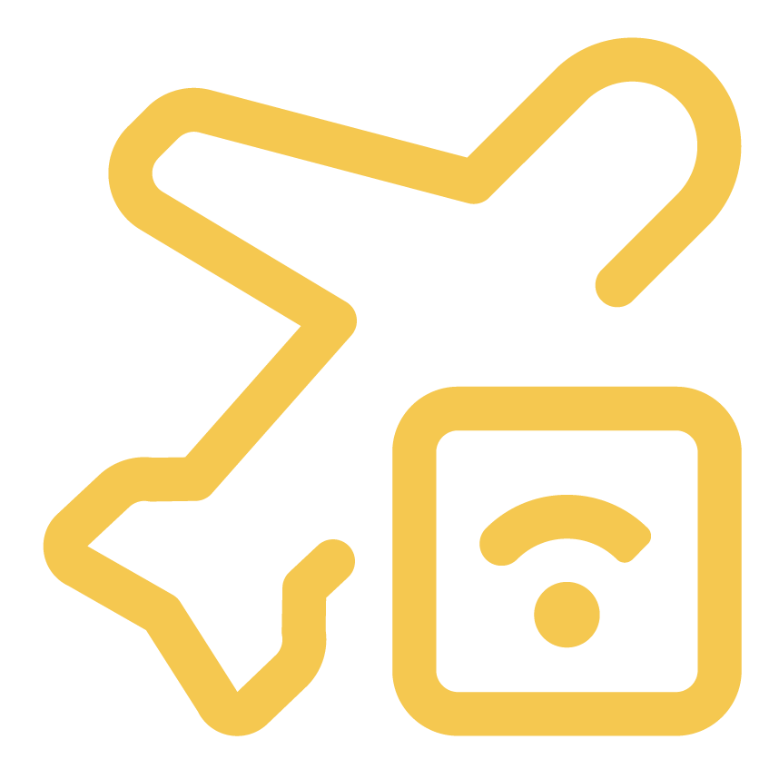 Yellow icon of the outline of a plane with a box with a wifi symbol in it