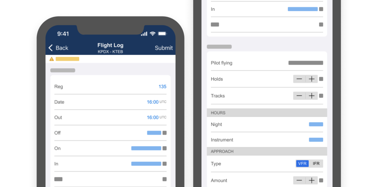 Flight logs simplified UI on two phones