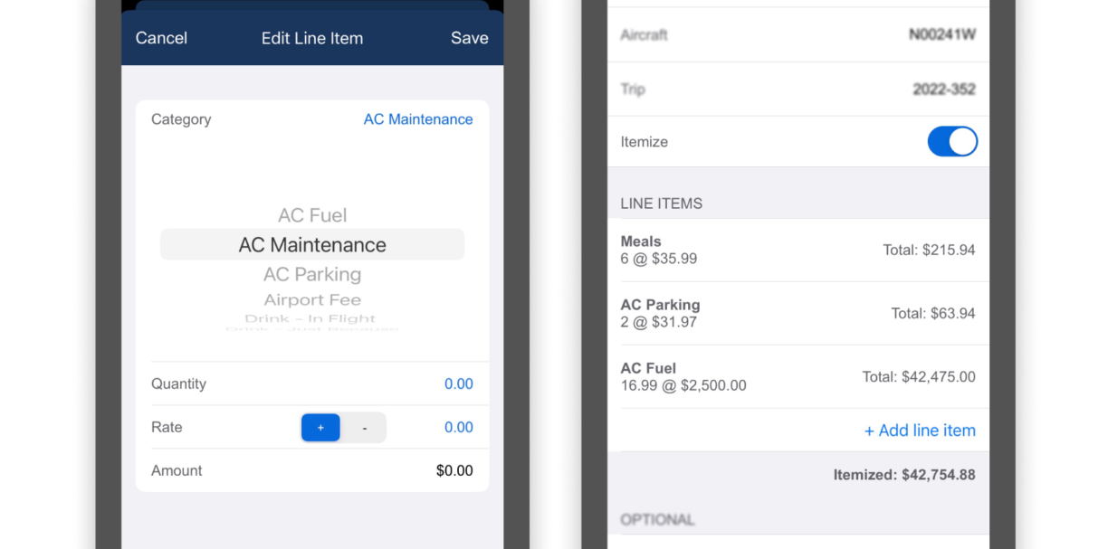 Itemize expenses in app simplified UI on two phones