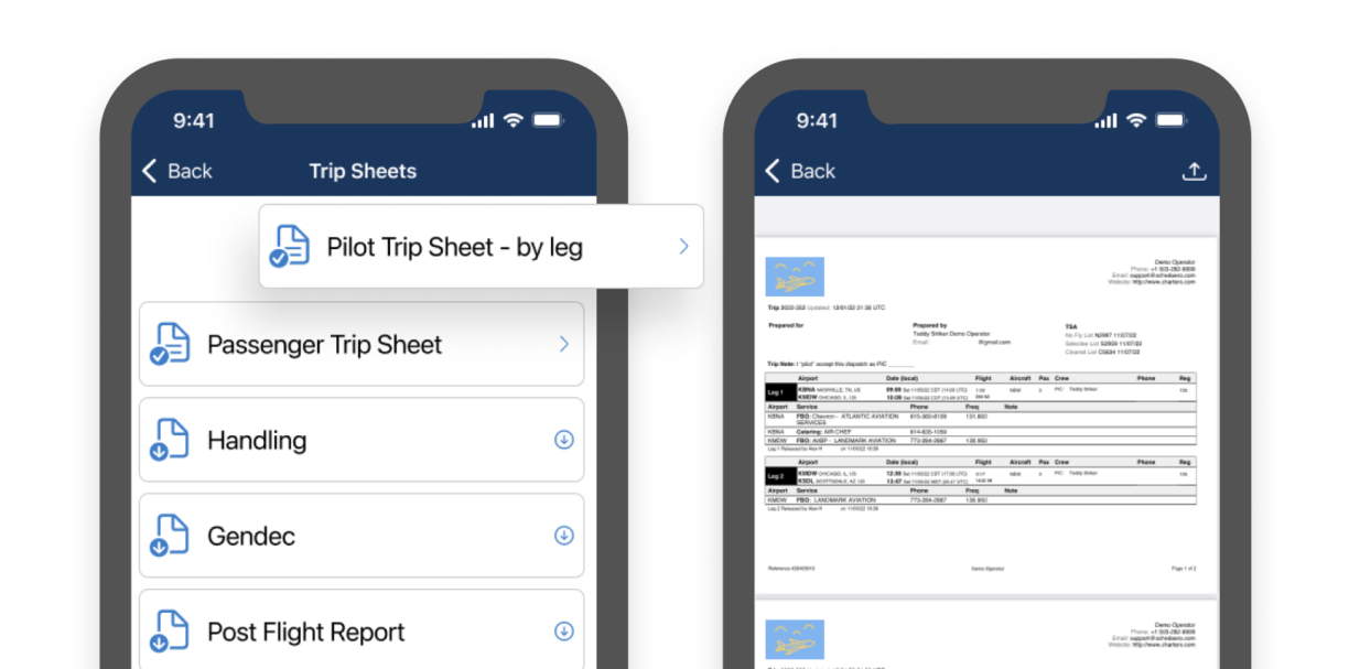 Simplified UI of Schedaero trip sheet on two phones