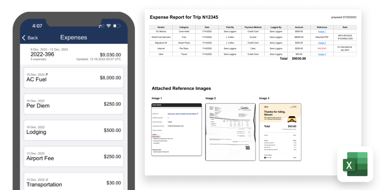 Simplified UI of the expenses page in the Schedaero crew app next to a expense report